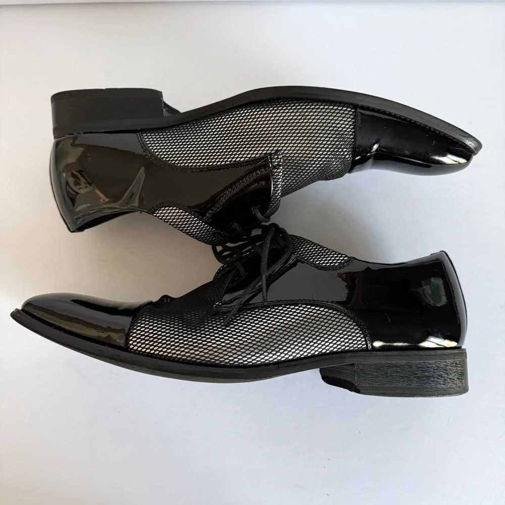 Amali Men’s Silver Fishnet Tuxedo Oxford Dress Shoe Black Patent Cap Toe Size 9. - Picture 3 of 13